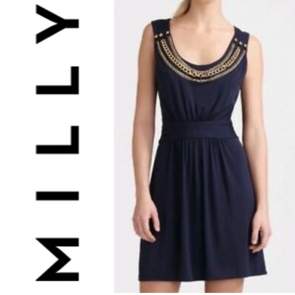 Milly New York Blue Dress w/Gold Chain Embellishment Size Large